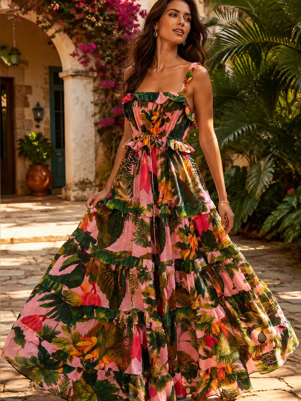 FARM RIO Pink Cocoa Forest Botanical Resortwear Tiered Maxi Dress, L